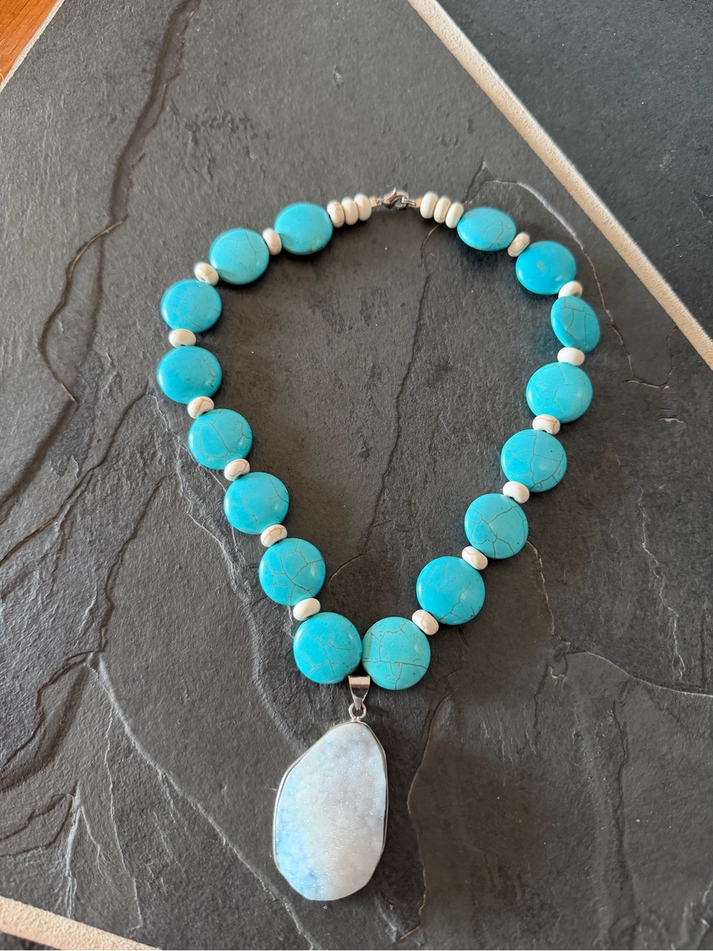 Turquoise Bead Necklace with White Stone Pendant - Women Jewelry